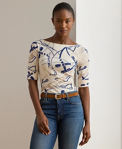 Lauren Ralph Petite Belting-Print Cotton Boatneck Tee