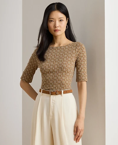 Lauren Ralph Petite Geo-Print Stretch Cotton Boatneck Tee