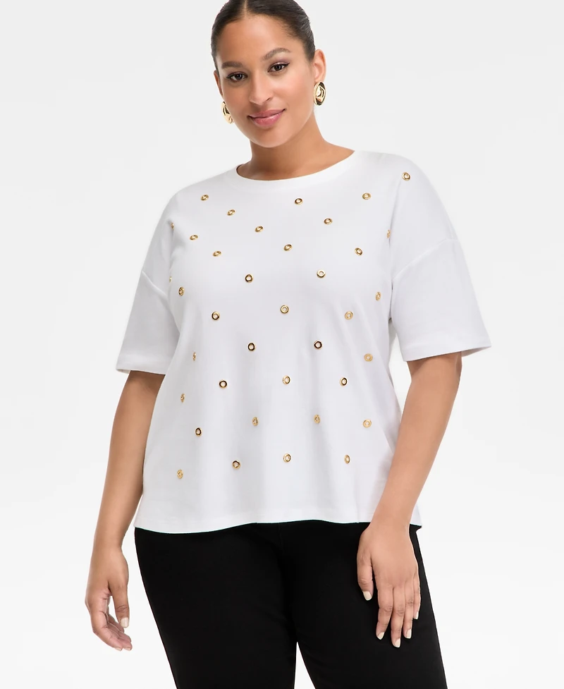 I.n.c. International Concepts Plus Grommet Embellished Cotton Top, Macy's Exclusive