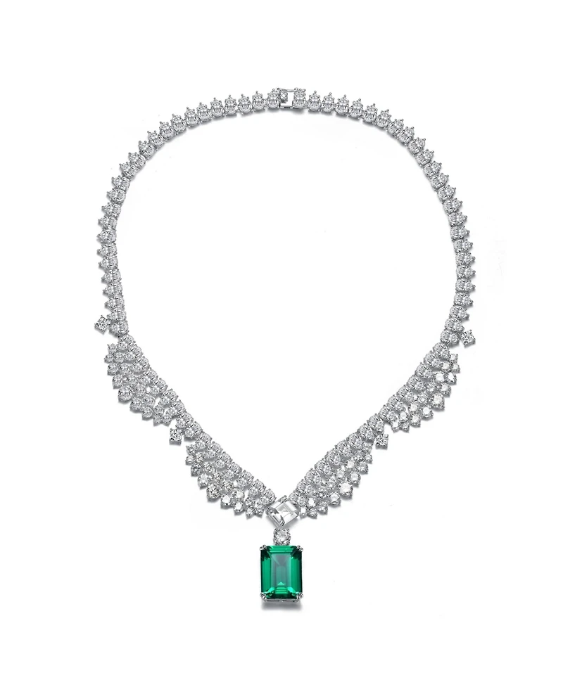 Rachel Glauber White Gold Plated with Rectangular Green Cubic Zirconia Pendant Necklace