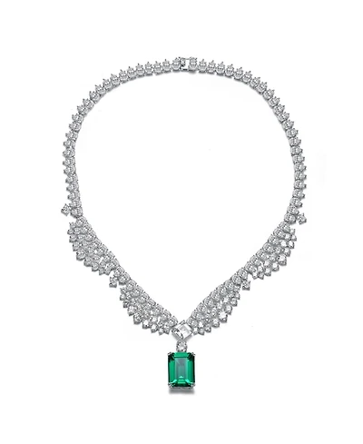 Rachel Glauber White Gold Plated with Rectangular Green Cubic Zirconia Pendant Necklace
