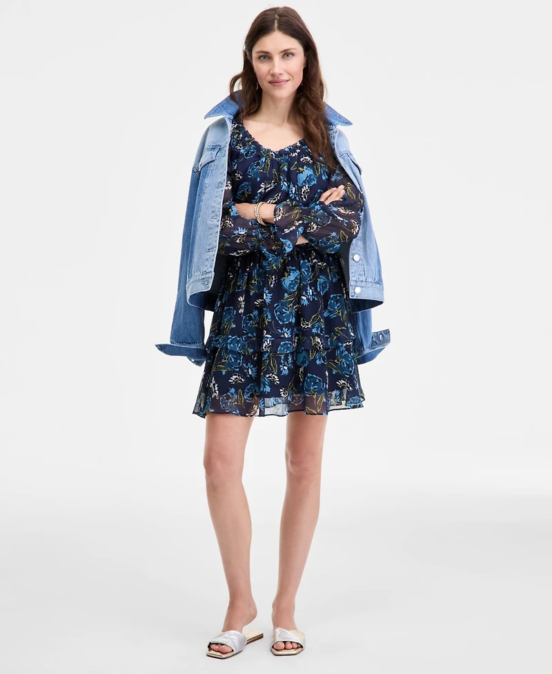 On 34th Women's Printed Smocked Ruffle Chiffon Mini Dress, Macy's Exclusive