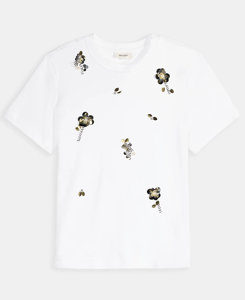 On 34th Women's Scattered-Floral-Embellished Cotton T-Shirt, Macy's Exclusive