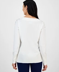Jm Collection Women's Lace-Up Shoulder V-Neck Sweater, Exclusively at Macy's