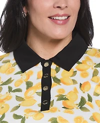 Rafaella Plus Lemon Print Buttoned Elbow Length Sleeve Polo T-Shirt