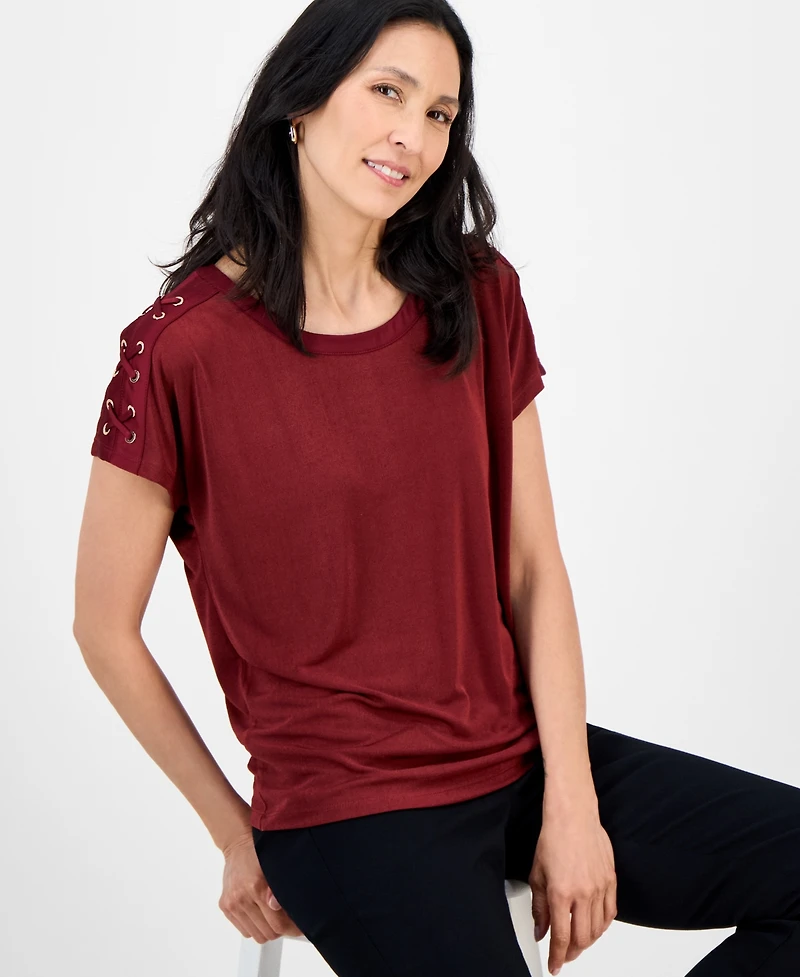 Jm Collection Women's Lace-Up Shoulder Knit, Exclusively at Macy's