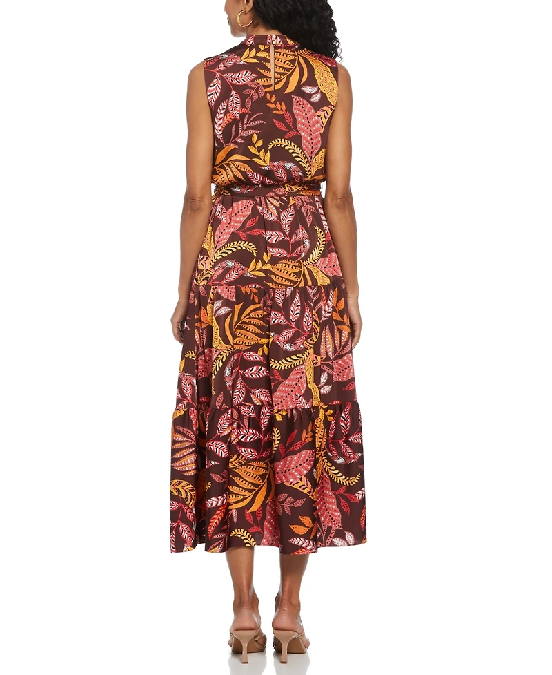Ella Rafaella Petite Leaf Print Belted Sleeveless Dress