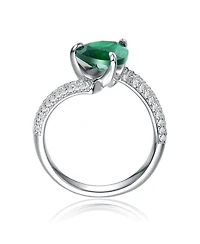 White Gold Plated with Green Pear-Shaped Cubic Zirconia Bypass Ring