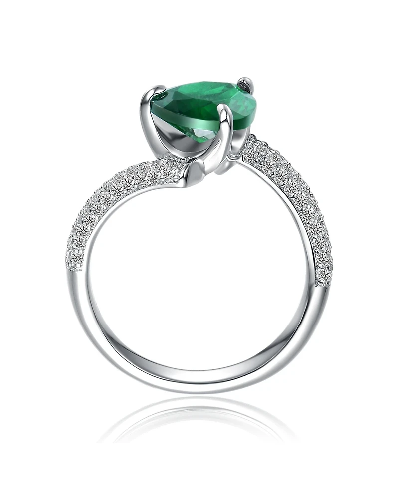 White Gold Plated with Green Pear-Shaped Cubic Zirconia Bypass Ring