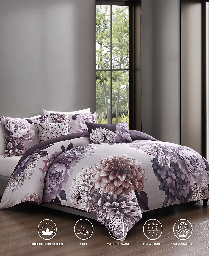 Bebejan Plum Petal Bedding 100% Cotton Sateen 5 Piece Queen Size Reversible Comforter Set