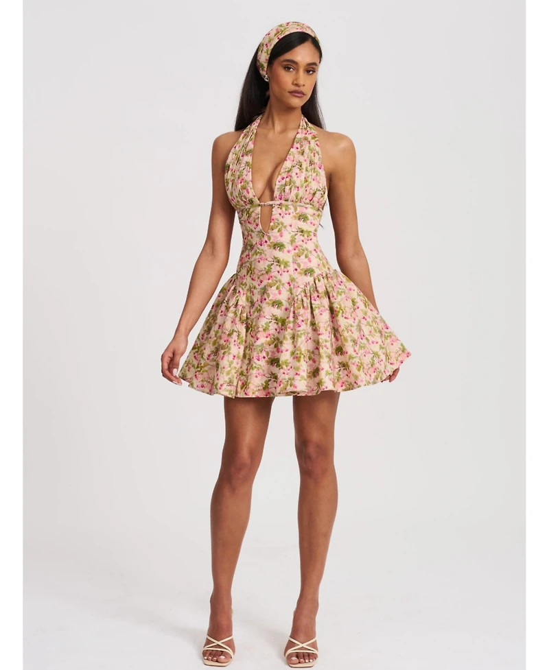 Miss Circle Women's Mackenzie Green and Pink Floral Print Halter Linen Mini Dress