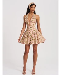 Miss Circle Women's Mackenzie Green and Pink Floral Print Halter Linen Mini Dress