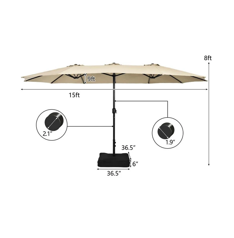 15 Feet Double-Sided Twin Patio Umbrella with Crank and Base