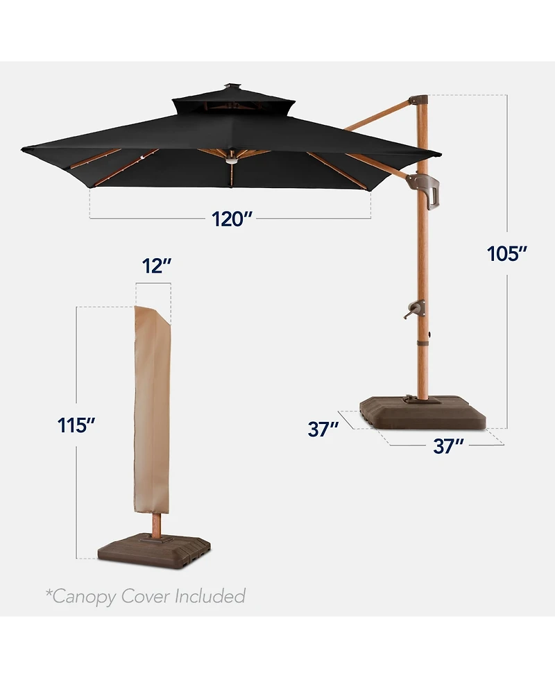 Best Choice Products 10ft Square Woodgrain Pattern 2-Tier Outdoor Solar Led Cantilever Umbrella w/ Base