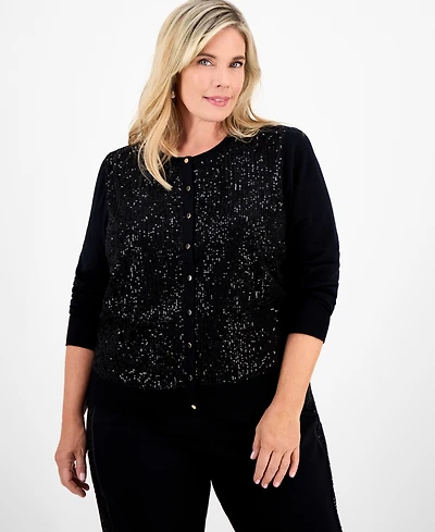 Jm Collection Plus Size Sequin Embellished Button-Front Cardigan, Macy's Exclusive
