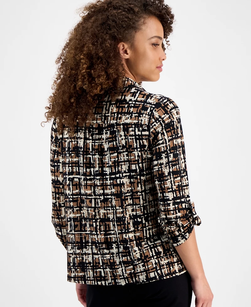 Ak Anne Klein Petite Printed 3/4-Sleeve Roll-Tab Collared Top