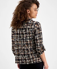 Ak Anne Klein Petite Printed 3/4-Sleeve Roll-Tab Collared Top