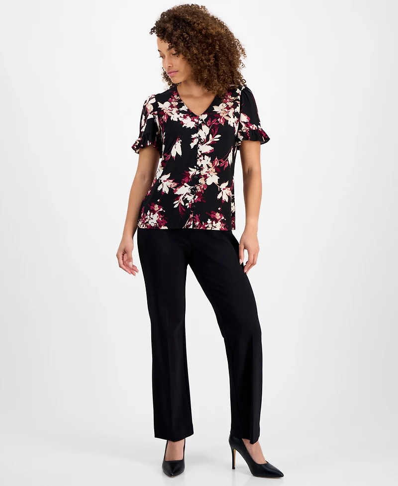 Ak Anne Klein Petite Ruffled-Sleeve Floral-Print Blouse