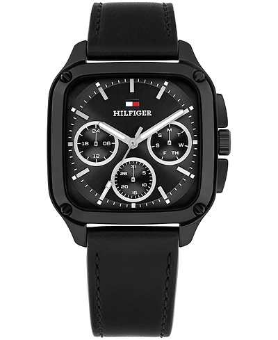 Tommy Hilfiger Men's Multifunction Black Leather Strap Watch, 39mm