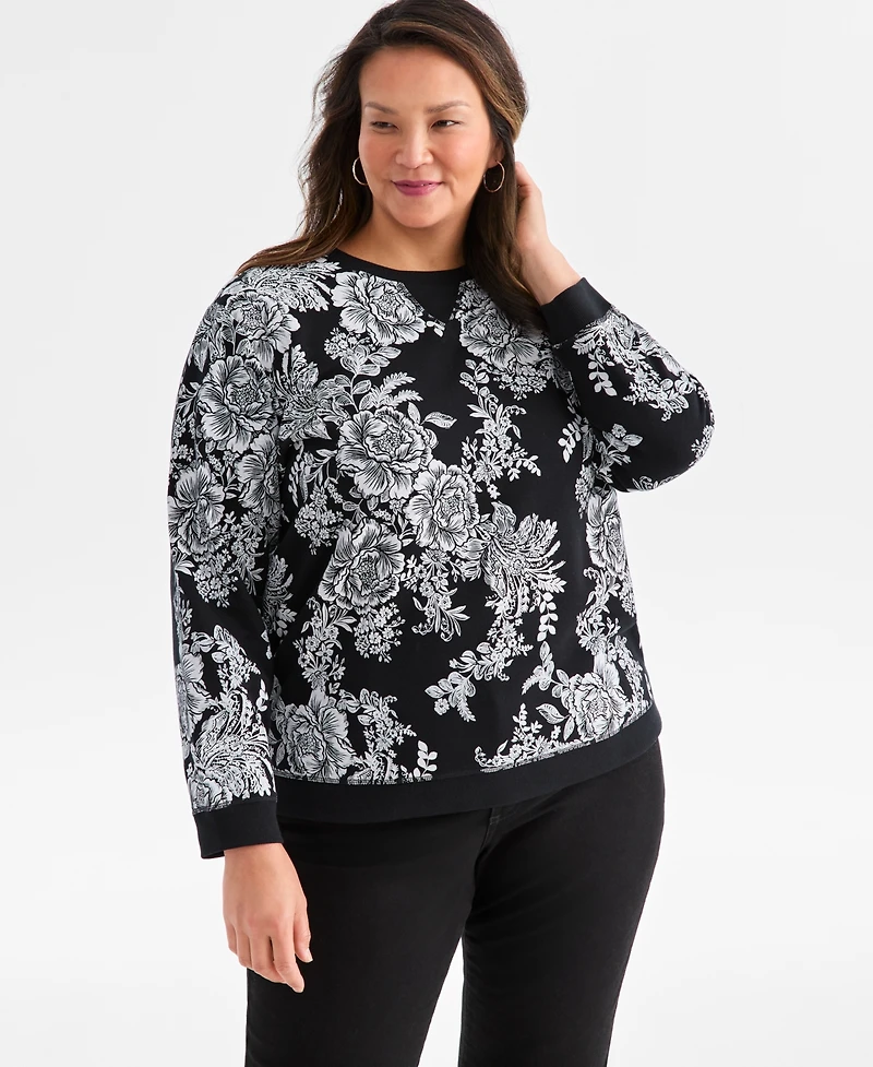 Style & Co Plus Holiday Floral Graphic Long-Sleeve Sweatshirt, Macy's Exclusive