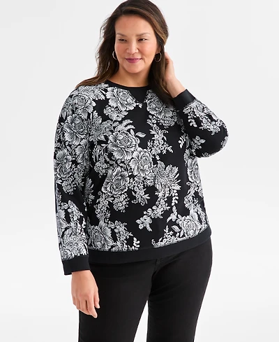 Style & Co Plus Holiday Floral Graphic Long-Sleeve Sweatshirt, Macy's Exclusive
