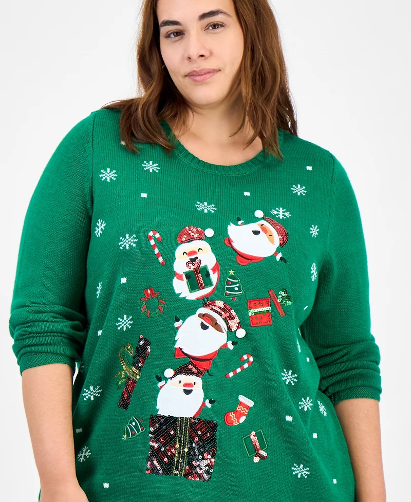Holiday Lane Plus Santa Embellished Crewneck Sweater, Created for Macy's