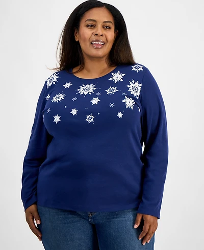 Holiday Lane Plus Snowflake Graphic Long-Sleeve T-Shirt, Macy's Exclusive