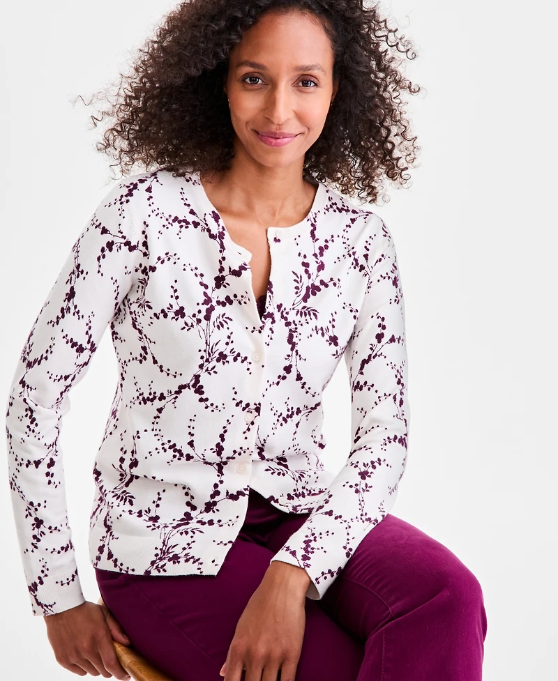 Style & Co Women's Printed Crewneck Button-Front Cardigan