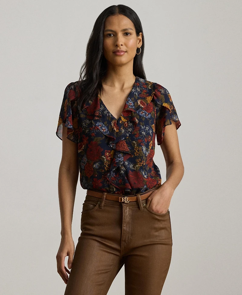 Lauren Ralph Women's Floral Ruffle-Trim Georgette Blouse