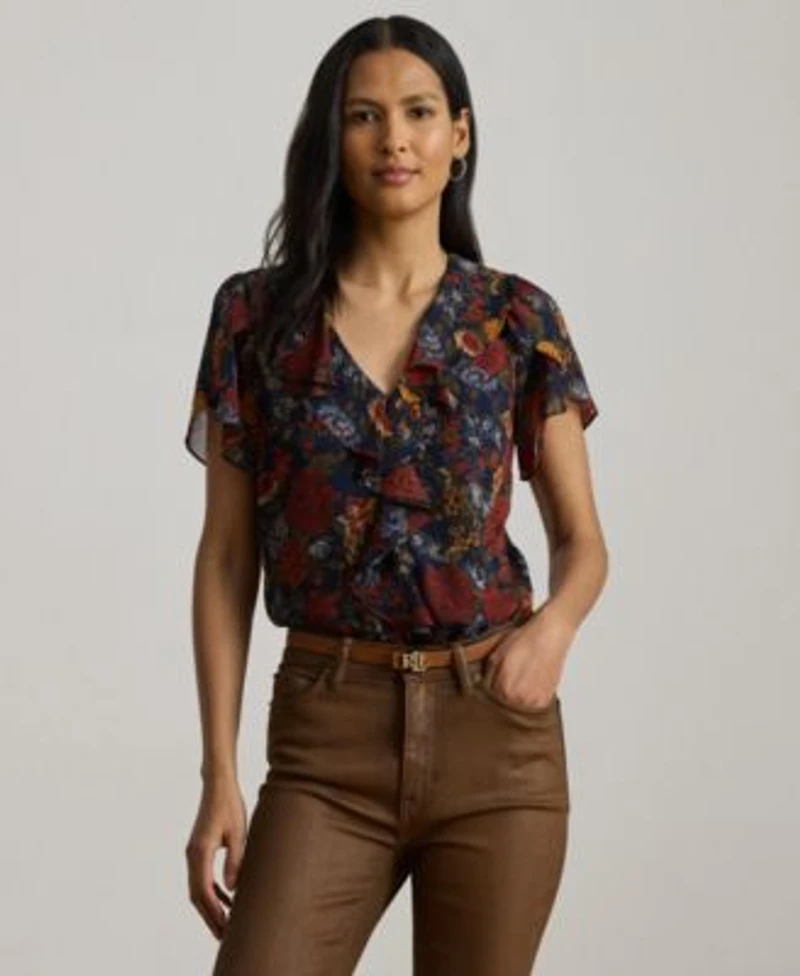 Lauren Ralph Lauren Womens Floral Ruffle Trim Georgette Blouse P Xs Xxl