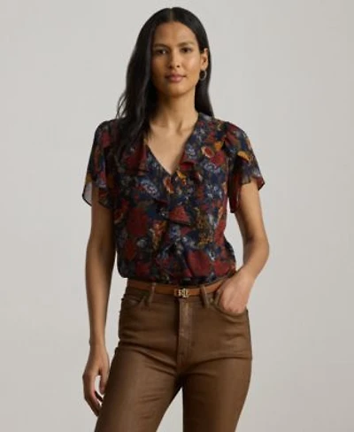 Lauren Ralph Lauren Womens Floral Ruffle Trim Georgette Blouse P Xs Xxl