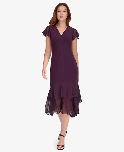 Tommy Hilfiger Women's V-Neck Chiffon-Trim Midi Dress with Flutter Sleeves