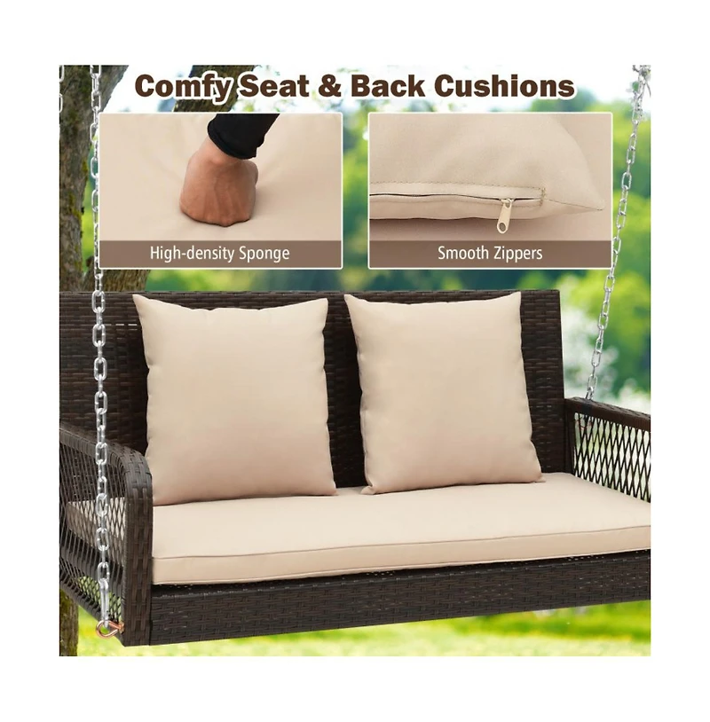 2-Person Outdoor Wicker Porch Swing with Seat and Back Cushions