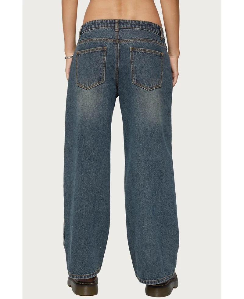 Edikted Womens Petite Contrast Panel Low Rise Jeans