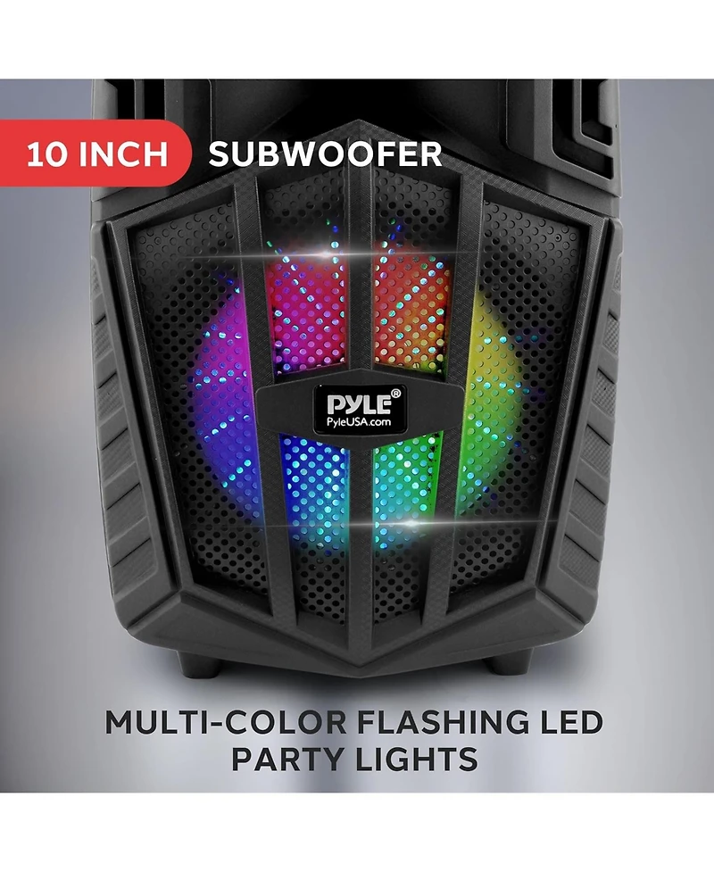 Pyle 10" Bluetooth Portable Pa Speaker – Karaoke Party Speaker with Wireless Mics, Stand, Rechargeable Battery, Flashing Lights, MP3/Usb/F