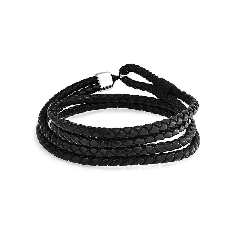 Bling Jewelry Black Leather Stackable Cuff Bracelet Stainless Hook Clasp Double Wrap Design