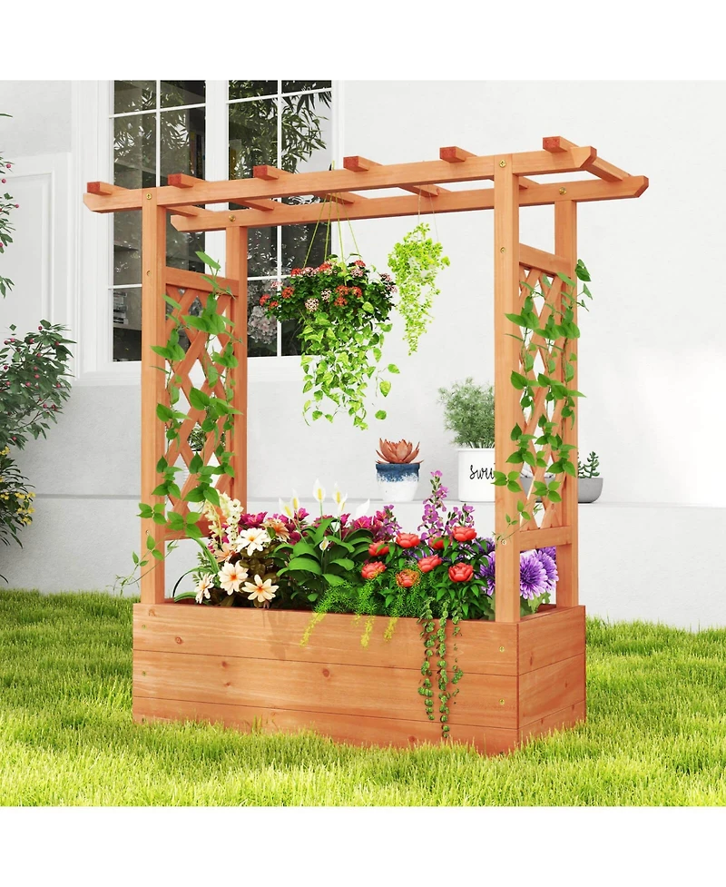 Costway 1 Pcs Wooden Raised Garden Bed with Trellis & Hanging Roof Drainage Elevated Planter Box