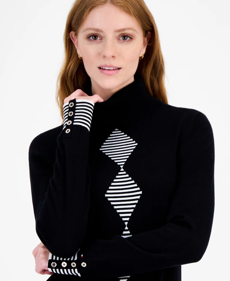 Tommy Hilfiger Women's Cotton Argyle Striped Turtleneck Sweater