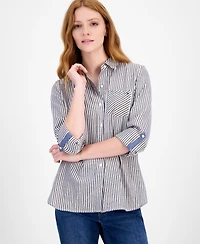 Tommy Hilfiger Women's Shine-Stripe Roll-Tab Shirt