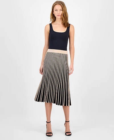 T Tahari Women's Striped Pull-On Flared Midi Skirt