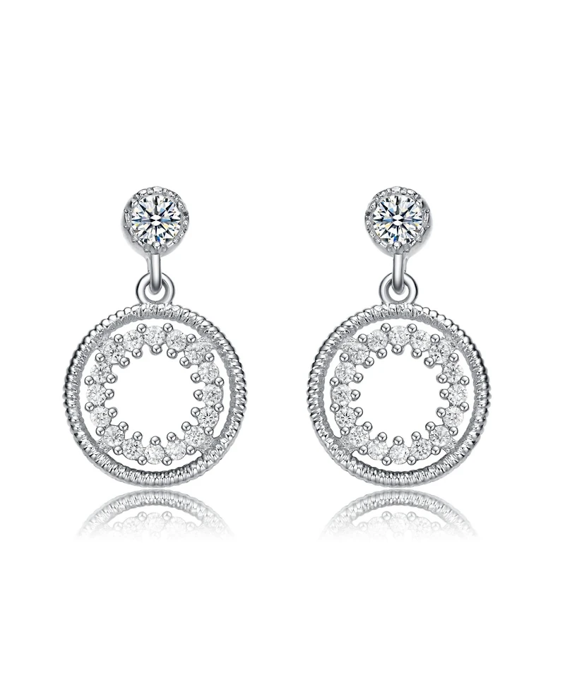 Rachel Glauber White Gold Plating with Cubic Zirconia Double Halo Drop Dangle Earrings