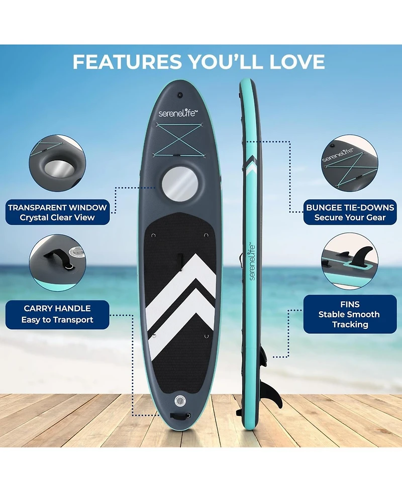 Inflatable Stand-Up Paddle-Board with Window - Includes Double-Action Hand Pump, 3-Piece Aluminum Paddle, Leash, Removable Fin