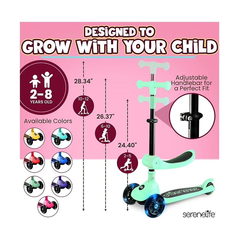 3-Wheel Foldable Kids Scooter - Child Toy Scooter with Built-in Led Wheel Lights, Foldable Seat (Mint Green)