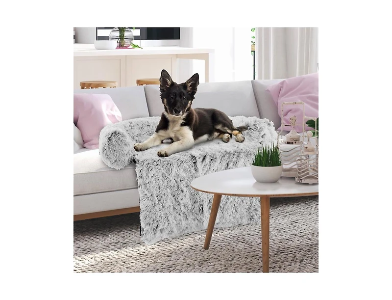 Akiudex Gray Plush Calming Dog Couch Bed with Anti-Slip Bottom