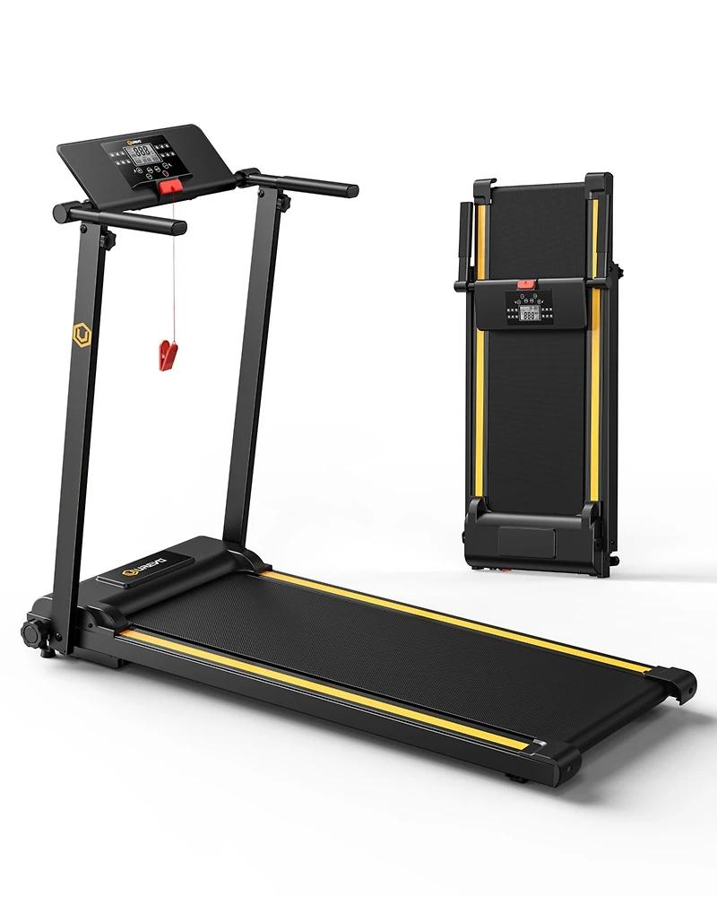 SpaceSaver Folding Treadmill: Urevo Under Desk Hiit Machine, 0.6-6.2MPH Speed, Stores Under Bed. 16" Pet-Friendly Belt & Rotatable Lcd Display