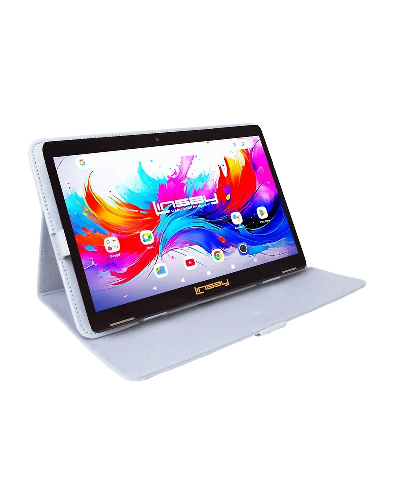 Linsay 10.1" Octa Core 256GB Storage Android 15 Tablet with White Leather Case