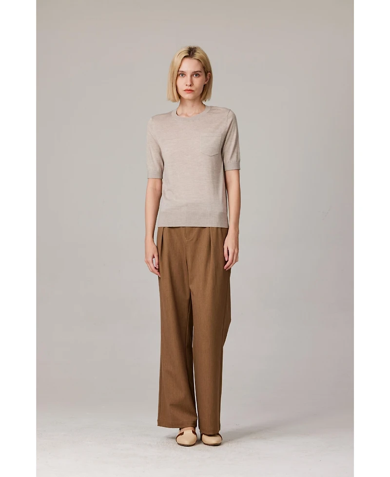 Jennie Liu Women's Tissue Weight 75% Merino Wool 25% Silk Crew Neck Short Sleeve T Shirt Sweater | Ultra Soft Machine-Washable Sweaters