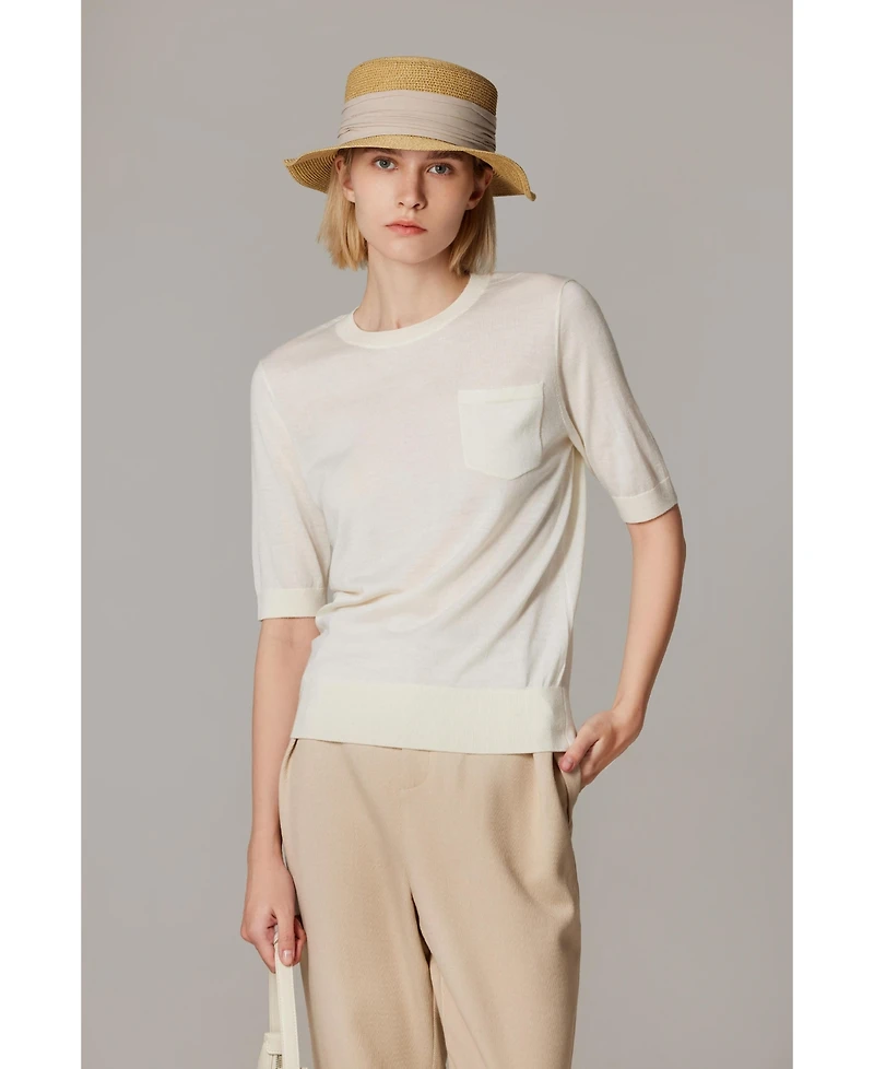 Jennie Liu Women's Tissue Weight 75% Merino Wool 25% Silk Crew Neck Short Sleeve T Shirt Sweater | Ultra Soft Machine-Washable Sweaters