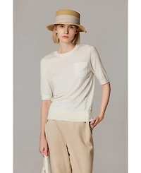 Jennie Liu Women's Tissue Weight 75% Merino Wool 25% Silk Crew Neck Short Sleeve T Shirt Sweater | Ultra Soft Machine-Washable Sweaters