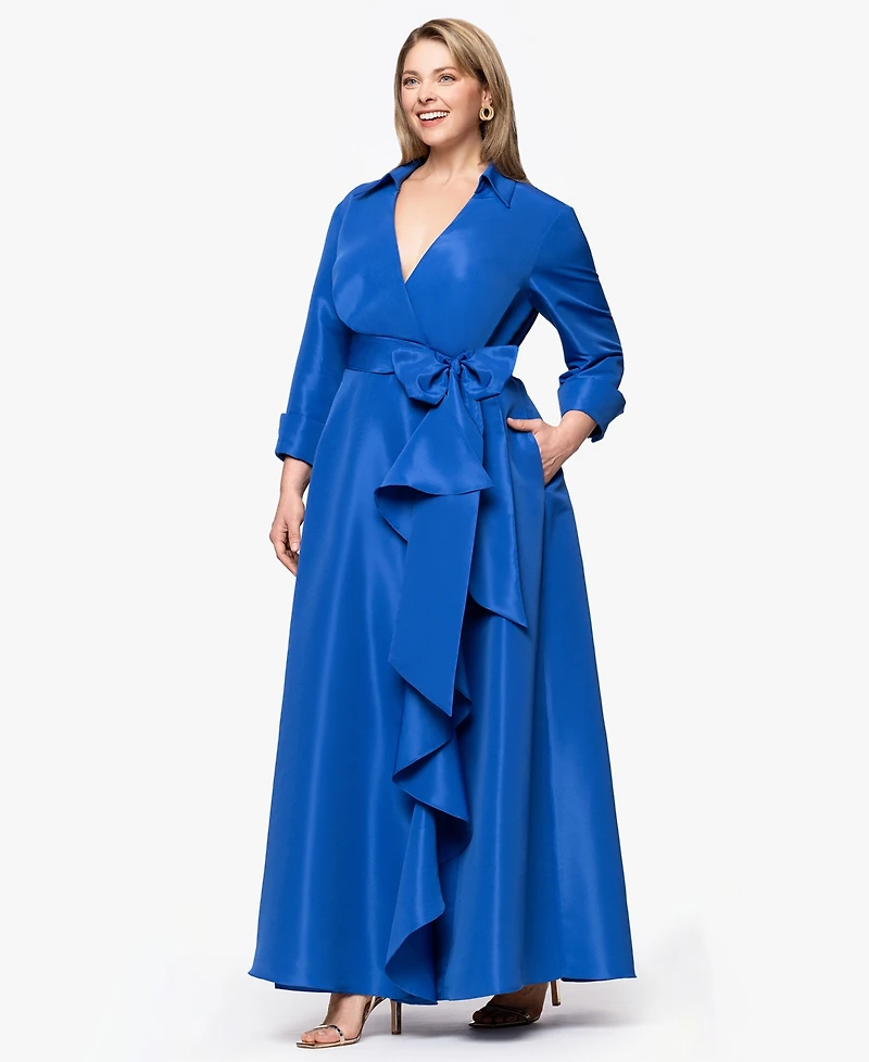 Betsy & Adam Plus Long-Sleeve Tie-Waist Long Dress